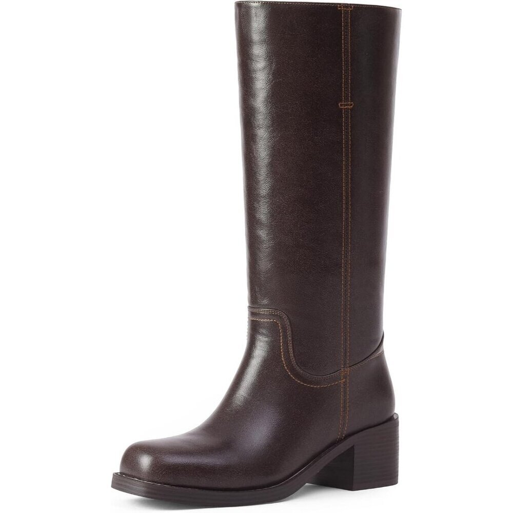 Women's Dark Brown Mid Calf Boots Chunky Block Heel Square Toe Comfortable
